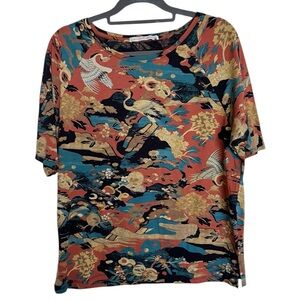 Peruvian Connection Crane Print Short Sleeve 100% Pima Cotton Crewneck Tee